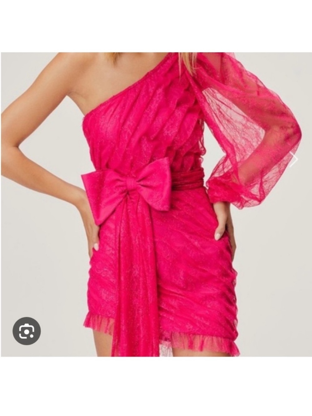 For Love & Lemons One-Shoulder Hot Pink Lace Dress with Bow - Picture 2 of 2